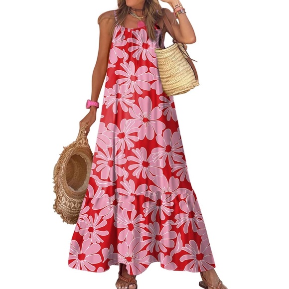 Dresses & Skirts - Red Pink Floral Pattern Spaghetti Strap Maxi Dress Size M